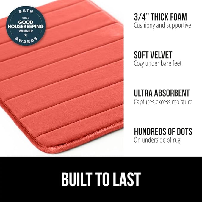 GORILLA GRIP Memory Foam Bath Mat, Soft Absorbent US Designed Bathroom Rug, Gripping Dots Machine Washable Bathmat, Cushioned Floor Mats, Shower Sink Rugs Room Décor Accessories, 24x17 Coral
