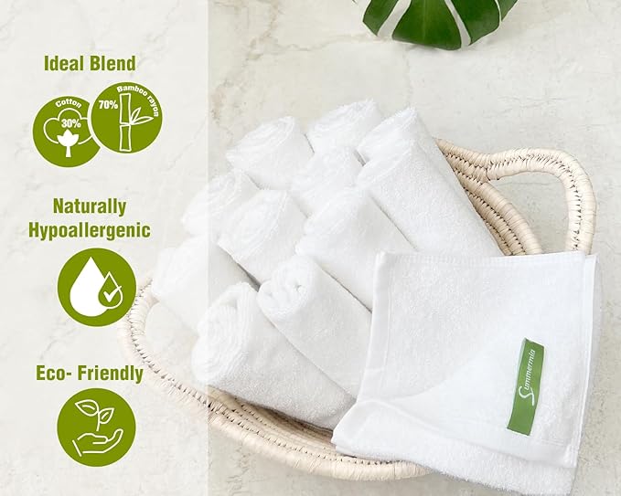 12 Pack Washcloths 13" x 13" - Soft Wash Cloths for Your Face Towel, Viscose derived from Bamboo & Cotton Blend Wash Cloths for Your Body (White)