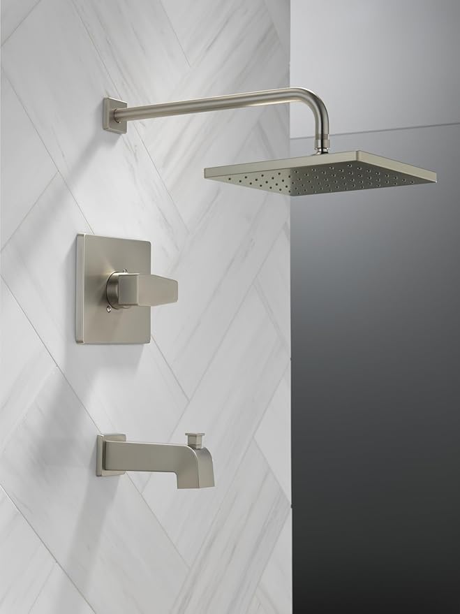 Delta Faucet Modern Raincan Square Single-Function Tub and Shower Trim Kit Brushed Nickel, Tub Faucet Set, Rainfall Shower Head, Spotshield Stainless T14468-SP-PP (Valve Not Included)