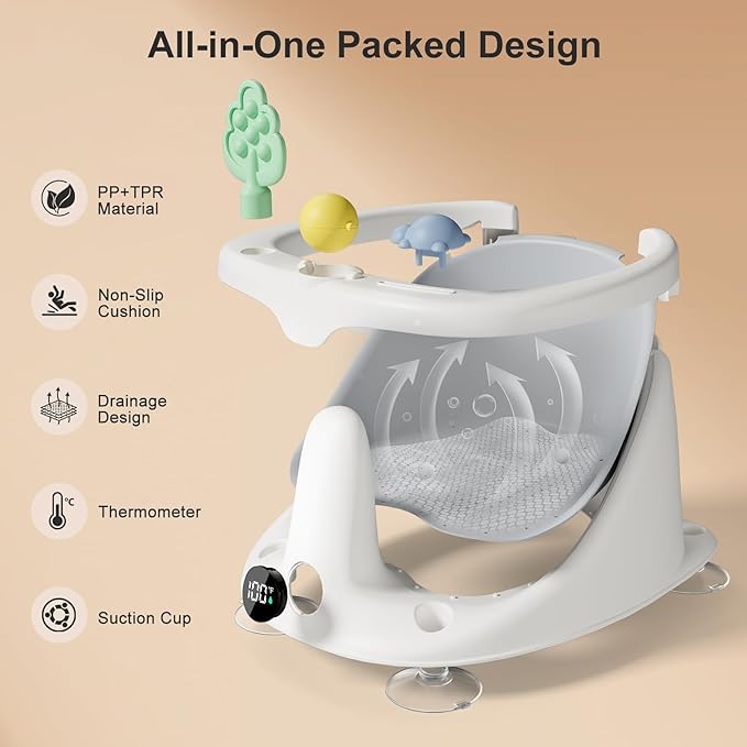 Baby Bath Seat for Babies 6 Months & Up - Bathtub Seats for Babies Sitting Up with Rinse Cup, Non-Slip, Comfortable, Infant Bath Essentials, Gray