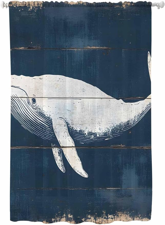 Sheer Curtains 63 Inch Length, Ocean Whale Blue Semi Sheer Curtains Light by Unknown