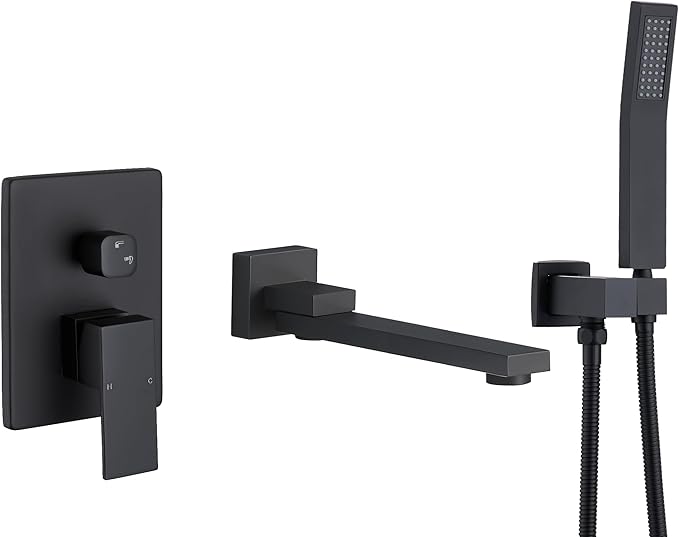 DASAN Swiveling Wall Mount Tub Filler Faucet Set with Hand Held Shower, Matte Black Modern Creative Bathtub Faucet Wall Mounted Bath Tub Faucet with High Flow Rough in Valve, SA-TF05WH-MB