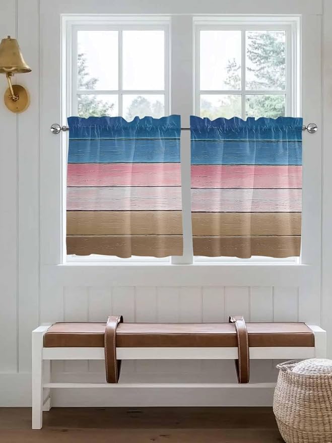 Blue Pink Brown Gradient Wood Grain Window Valance Curtains, Vintage Wood Board by IDOWMAT