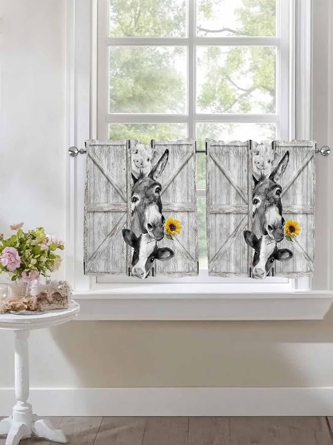 Grey Farmhouse Half Window Curtain 36 Inches Long, Vintage Sunflowers Animals - Image 7