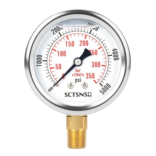 2-1/2" Dial Size, 0-5000 Psi Pressure Gauge, Glycerin Liquid Filled, 1/4" NPT by SCTSNSR
