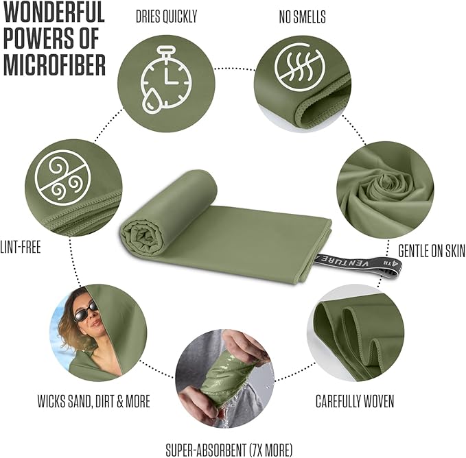 VENTURE 4TH Quick Dry Towel. Microfiber Travel Towel Ideal for Camping, Hiking, Backpacking, Gym. Lightweight & Fast Drying Travel Towels for Body. Compact & Easy to Pack - Army Green Extra Large