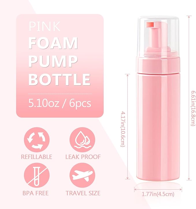 Foam Pump Bottle 5.1oz/150ml Pink Empty Foam Bottle Pump, Travel Foam Bottle for Soap, Shampoo, Cleaning Foam Dispenser Bottle Refillable (6 Pack)