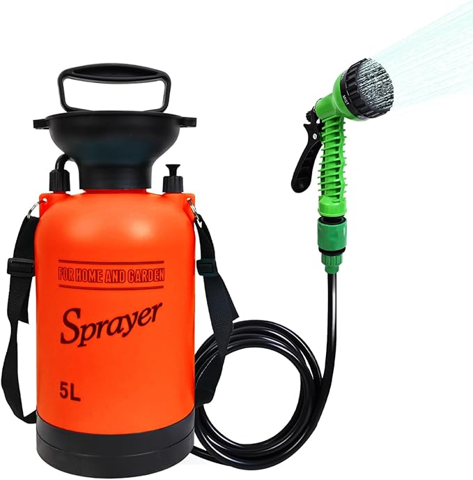 Portable Shower Orange 5L with 7 Spray Modes, Hand Press with Removable Hose and Shower Head