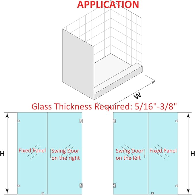 Shower Door Hardware Kit for Frameless Inline Hinged Doors, Includes Hinges, Square Pull Handles and Clamps, for 5/16"–3/8" Glass, Suitable for Bathtub or Standing Shower Setup, Brushed Nickel
