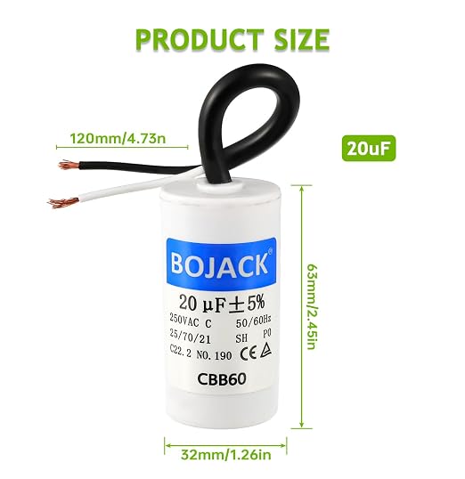 BOJACK Run Capacitor 20 uF MFD 250V AC 20 MFD CBB60 2 Wire 50/60Hz Cylinder - Image 2