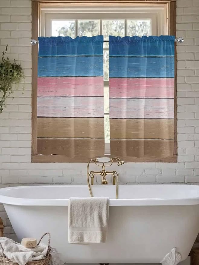 Blue Pink Brown Gradient Wood Grain Window Valance Curtains, Vintage Wood Board - Image 5