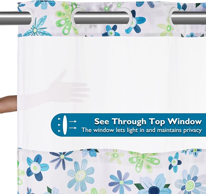 Lagute SnapHook Hook Free Fabric Floral Shower Curtain for Modern Bathroom with Snap-in Liner & See Through Top Window, Machine Washable | Hotel Grade, 71Wx74L, Green Daisy