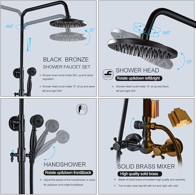 NeierThodore Luxury ORB Bathroom Shower Faucet Dual Handles Wall-Mounted Shower Mixer Taps 8" Rainfall Shower Head Ceramic Handheld Sprayer Oil Rubbed Bronze