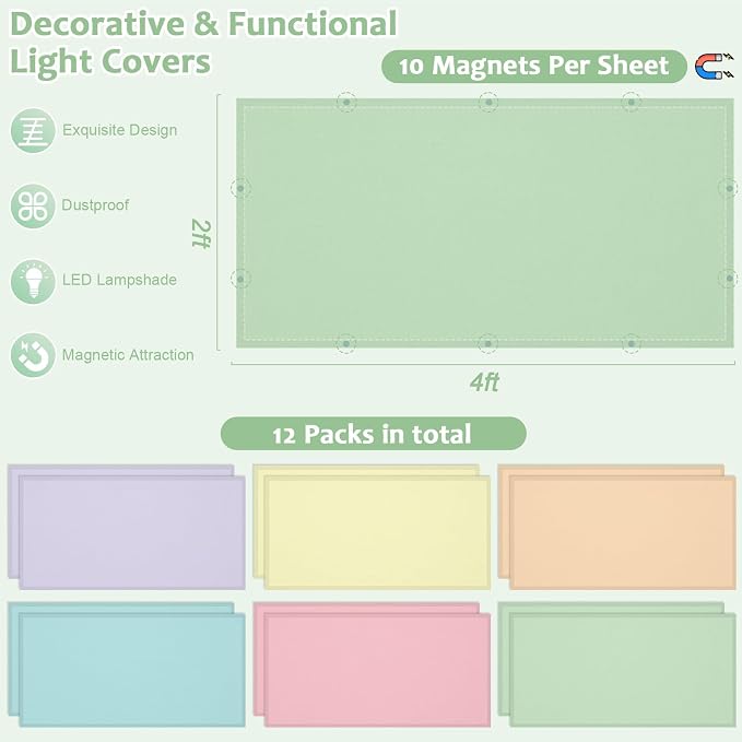 QOUBAI 12PCS Fluorescent Light Covers, 4 x 2 Feet Magnetic Light Cover - Image 2