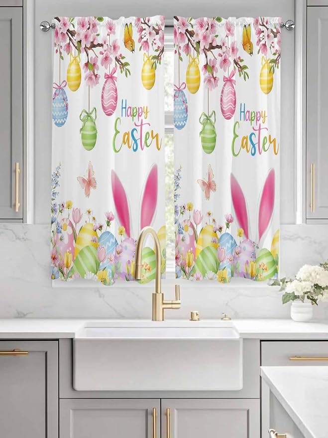 Happy Easter Bedroom Curtains 63 Inches length, Spring Watercolor Bunny Eggs - Image 3