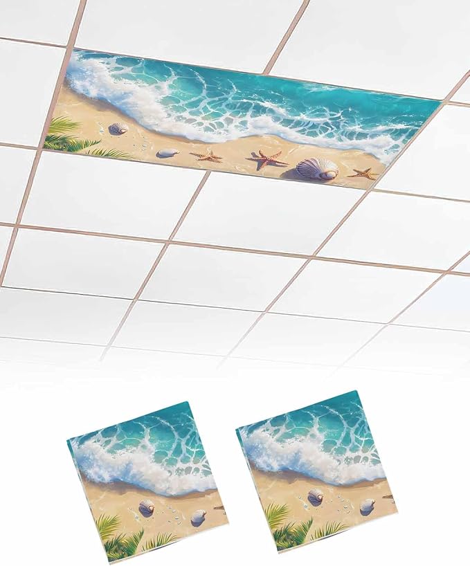 Ocean 2 Pcs Fluorescent Light Covers, Sandy Beach Marine Wave Seashell Magnetic by Gsypo