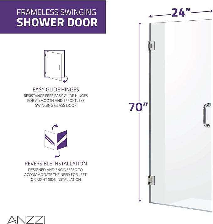 ANZZI 70" x 24" Frameless Shower Door in Brushed Nickel,Water Repellent Glass Shower Door with Seal Strip Parts and Handle, 5/16 Glass Hinged Shower Door with Handle (SD-AZ09-01BN)