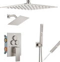 Aolemi Shower Faucet Set Ceiling Mount Shower System Rough-in Valve and Shower Trim Kit 12 and 6 Inch Dual Shower Head 2 in 1 Handheld Spray Push Button Diverter Brushed Nickel