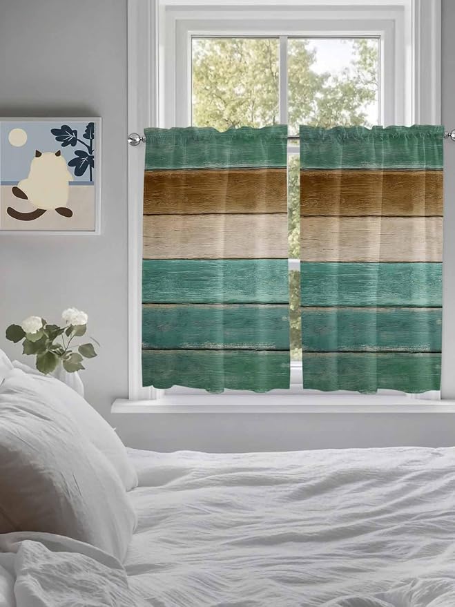 Vintage Plank Turquoise Brown Window Valance Curtains, Farmhouse Wood Grain - Image 3