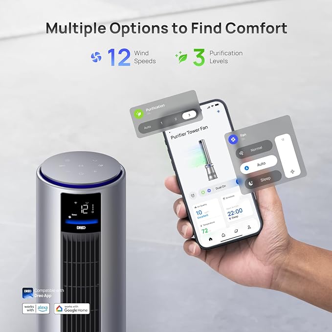 DREO MC710S Air Purifier Tower Fan, 27ft/s Velocity, 120°Oscillation, 24H Timer - Image 5