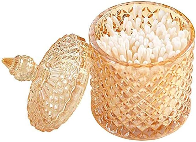 Colorful Home Decorative Jar Qtips Holder Dispenser Glass Storage Container Bathroom Counter Vanity Organizer for Bath Salts/Swabs/Rounds Makeup Sponges Toothpick Jewelry(Amber,10 oz)