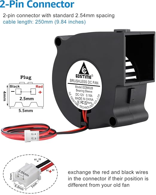 GDSTIME 6028 Blower 12V DC Brushless Cooling Fan 2-Pin, 60mm x 28mm Computer - Image 4