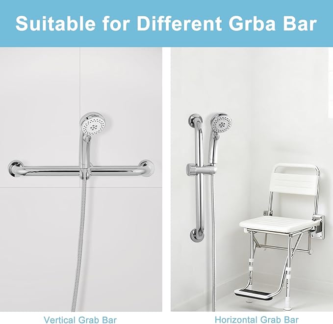 OFFO ADA Shower Head Holder, Adjustable 1.18-1.26 in(30-32 mm) Hand Shower Bracket for Handicap Grab Bar, Detachable Slider Clamp Bathroom Replacement, 361 Degree Rotation Sprayer Holder, Chrome