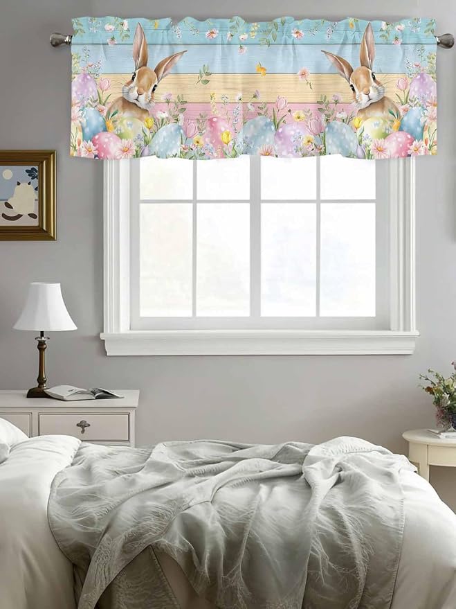 Kitchen Valances for Window, Spring Easter Eggs Rabbit Flower Light Filtering - Image 5