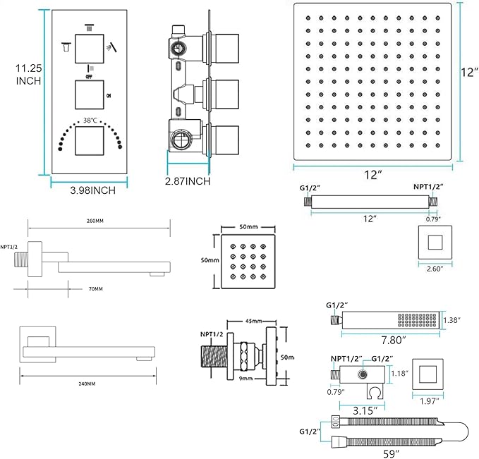 Oil Rubbed Bronze Thermostatic Shower System 4 Way Full Body Shower System with Tub Spout, Luxury 12 inch Ceiling Mounted LED Rain Shower Head, Handhled Spray and 6 PCS Body Jet