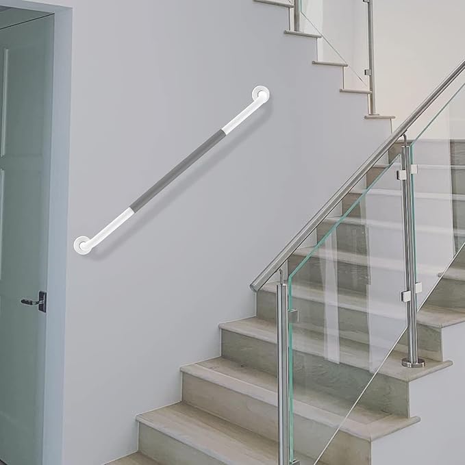 32 Inch Anti Slip Shower Grab Bar, Munzong White Stainless Steel Bathroom Grab Bar w/Gray Rubber Grip, Bathroom Balance Bar,Safety Handrail Support,Handicap Elderly Senior Assist Bath Handle
