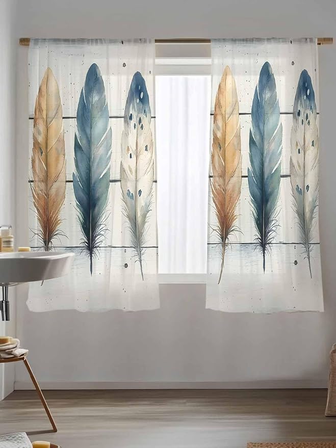 Sheer Curtains 63 Inch Length, Boho Blue Feathers Semi Sheer Curtains Light - Image 5
