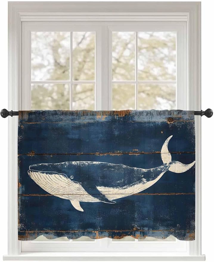 Sheer Curtains 45 Inch Length, Summer Whale Blue Semi Sheer Curtains Light by Unknown