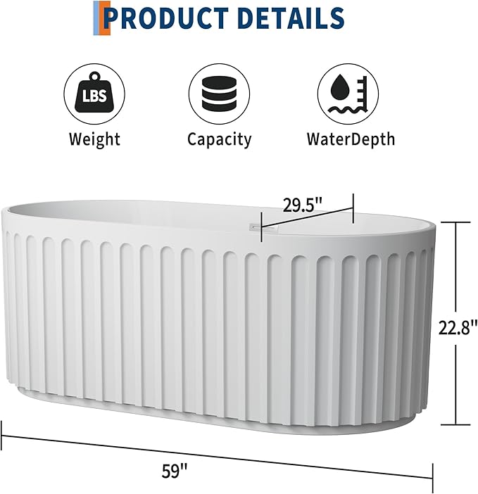 59"Acrylic Freestanding Bathtub, Modern Soaking Tub with Matte Drain and Overflow, Ergonomic Deep Design, Double-Walled Insulation, CUPC Certified, Easy Clean, Slip-Resistant