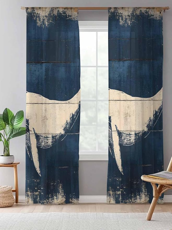 Sheer Curtains 84 Inches Long, Ocean Whale Blue Semi Sheer Curtains Light - Image 5