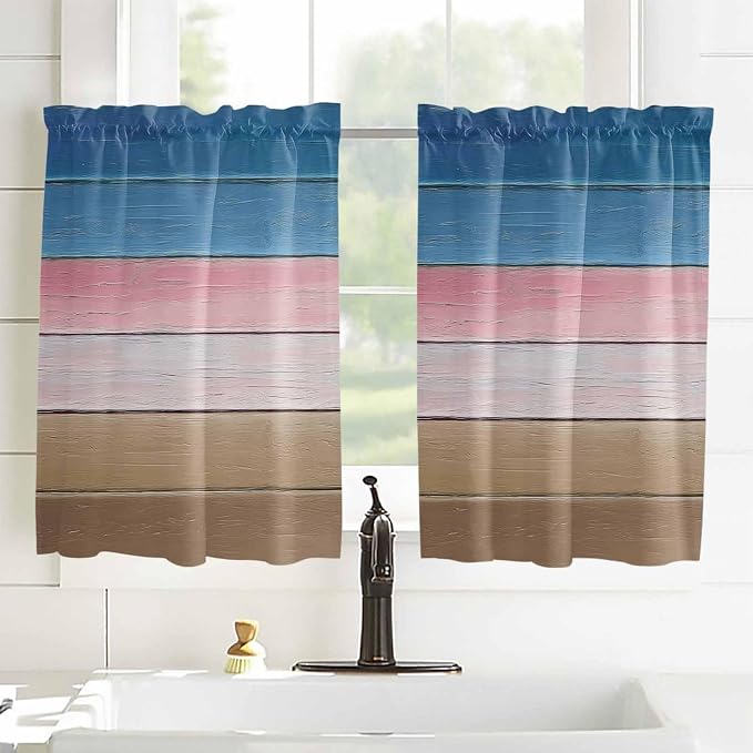 Blue Pink Brown Gradient Wood Grain Window Valance Curtains, Vintage Wood Board - Image 2