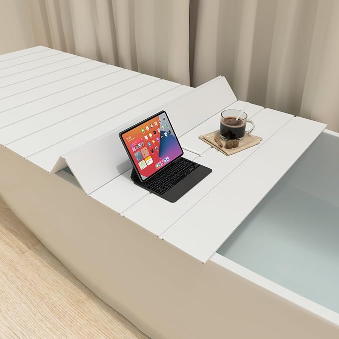 Bathtub Tray, Foldable Anti-dust Bathtub Cover Bath Insulation Cover, PVC Shutter Bath Lid Fit Most Tubs, Can Store Wine Glass, Books, Tablets, Cellphones (White, 150×70×0.6CM)