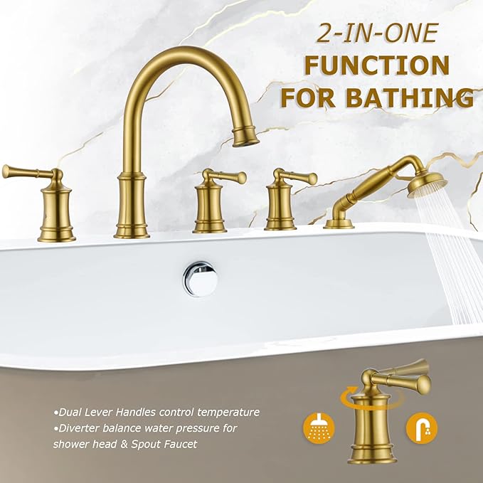 Roman Tub Faucet with Hand Shower, Antique Tub Shower Faucet Set with Valve for 5 Hole, Deck Mount Shower Tub Faucet Set，3 Handle Bath Tub Faucet High Flow, Brushed Gold(B2309-BG)
