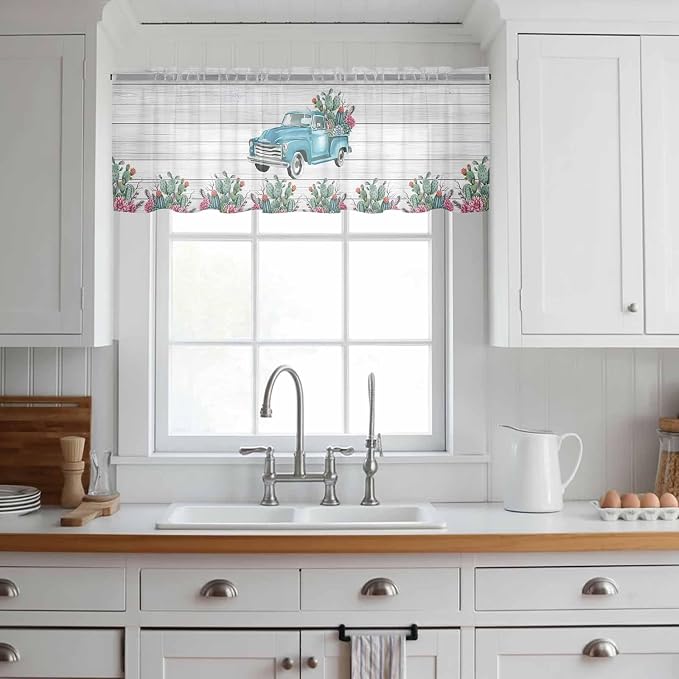 Farmhouse Sheer Valance Curtains, Summer Blue Car - Image 2