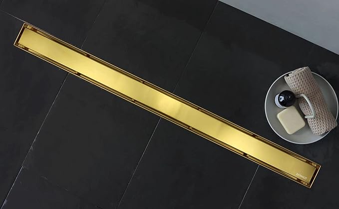 Linear Shower Drain 36", Brushed Gold Floor Drain with Tiled Insert Grate & Hair Strainer, 304 Stainless Steel Bathroom 2-in-1 Tiled in Drain, CUPC Certified (Brushed Gold, 36'')