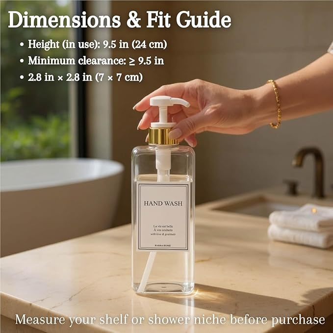 Modern Gold Design Shampoo and Conditioner Dispenser, Large 27oz Shower Soap Dispenser, Set of 3 Refillable Empty Plastic Pump Bottles for Bathroom, 6 Waterproof Labels Included, (Clear & White)