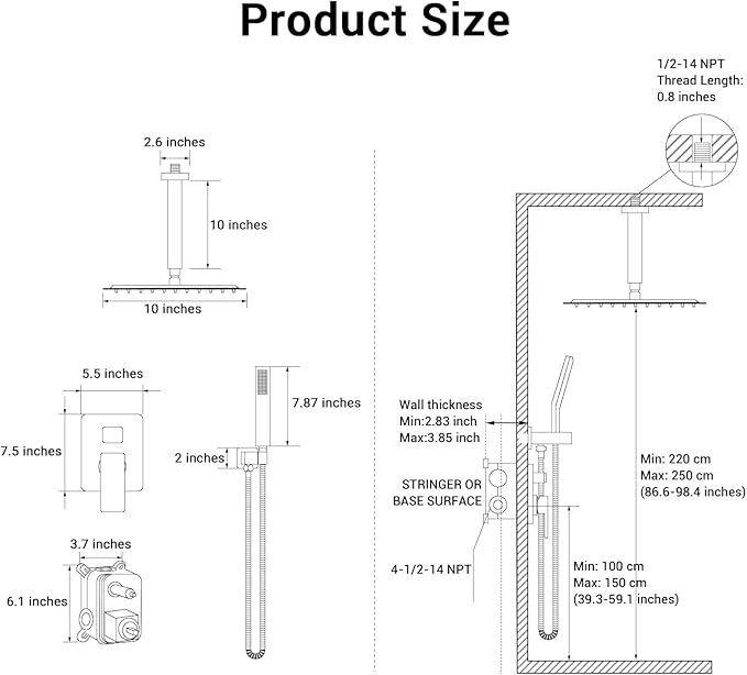 Ceiling Mount Shower Faucet Set Square Showerhead Bathroom Rainfall Shower System Stainless Steel Shower Trim Kit 10 Inches (Matte Black)
