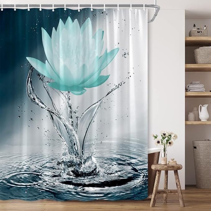Lotus Shower Curtain Black White Blue Teal Flower Elegant Blooming Floral with Dew Spring Flower Reflection on Water Modern Romantic Polyester Fabric Bathroom Decor 86×70 Inch with Hook