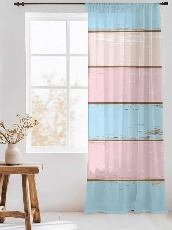 Sheer Curtains 84 Inches Long, Farmhouse Country Shabby Striped Privacy Voile - Image 3
