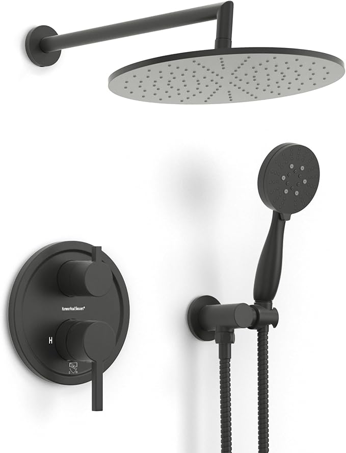 HammerHead Solid Metal Rain Shower System Set with Handheld and 10" Rainfall Head, Shower Valve and Trim Kit, 2-Handle Shower Faucet Set with 2 Way Diverter Body – Matte Black