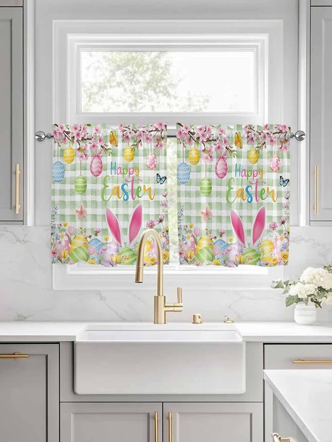 Happy Easter Half Window Curtains 24 Inches Long, Spring Bunny Eggs Flower Sage - Image 3