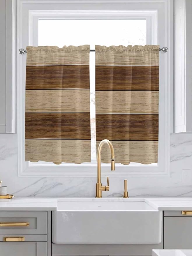 Retro Country Brown Wooden Board Window Valance Curtains, Farmhouse Gradient by IDOWMAT
