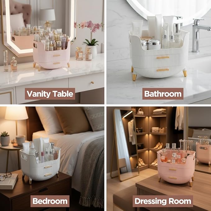 Makeup Organizer with Drawers, Skincare Storage Box for Vanity, Multiple Compartments, Portable Cosmetic Display Case with Handle, Large Make up Organizers for Dresser, Bathroom, Bedroom, White