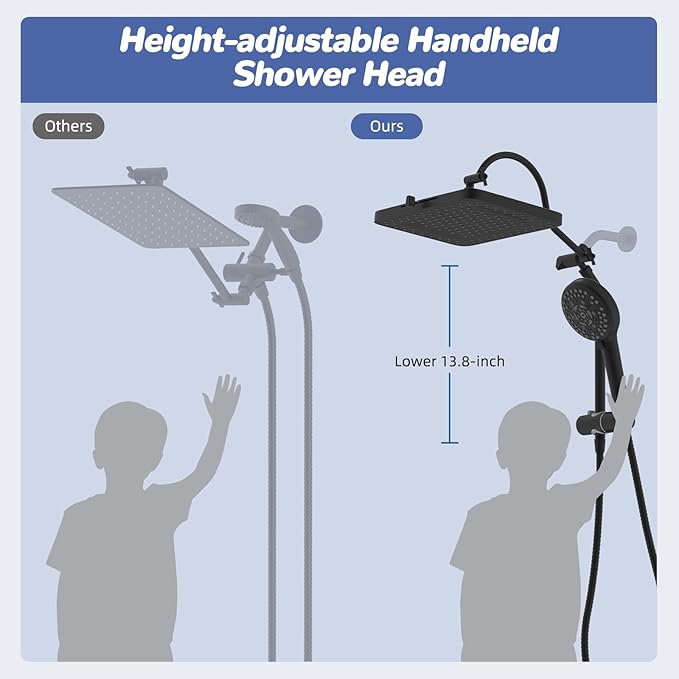 Hibbent Upgraded cUPC Certified 13'' Shower Head Combo, High Pressure 5 Spray Rainfall Showerhead with 10 Sprays Handheld, All Metal 3-way Diverter Shower Arm, 71'' Hose and Holder, Matte Black