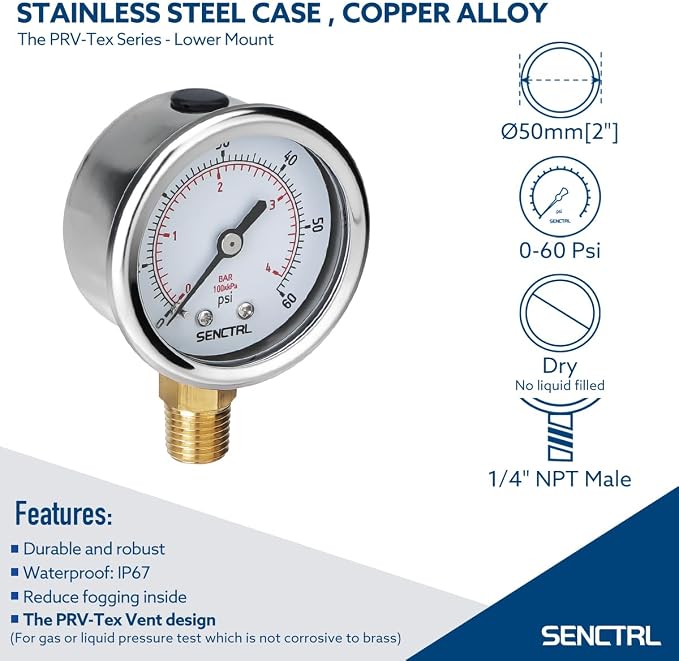 SENCTRL 0-60 Psi Pressure Gauge, 1/4 Npt Lower Mount, Waterproof, Stainless - Image 2