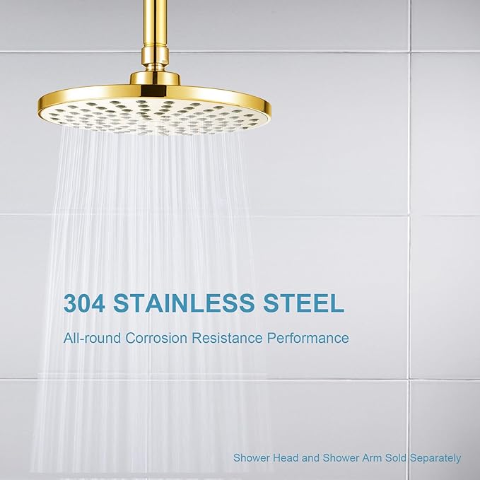 OFFO Shower Arm with Flange, Bright Gold 10 in Ceiling Mount Replacement Rain Shower Head Straight Arm Ceiling-Mounted For Fixed Shower Head & High Pressure Rain